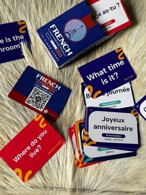 Learning FRENCH Conversation Flash Cards - Blue & Red Language Learning Set